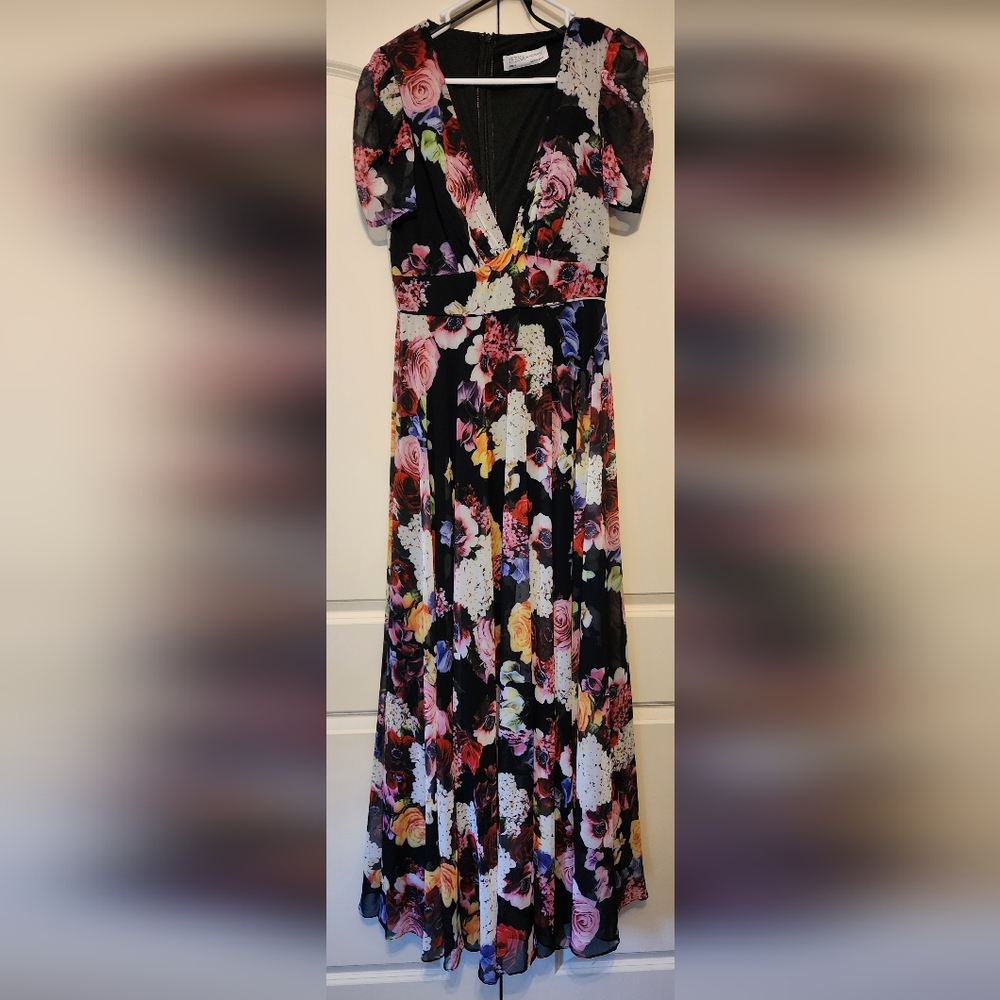 Ieena for Mac DuggalBlack Floral Print Mesh Short Sleeve Gown, Sizee 6 Worn Once - Picture 2 of 15